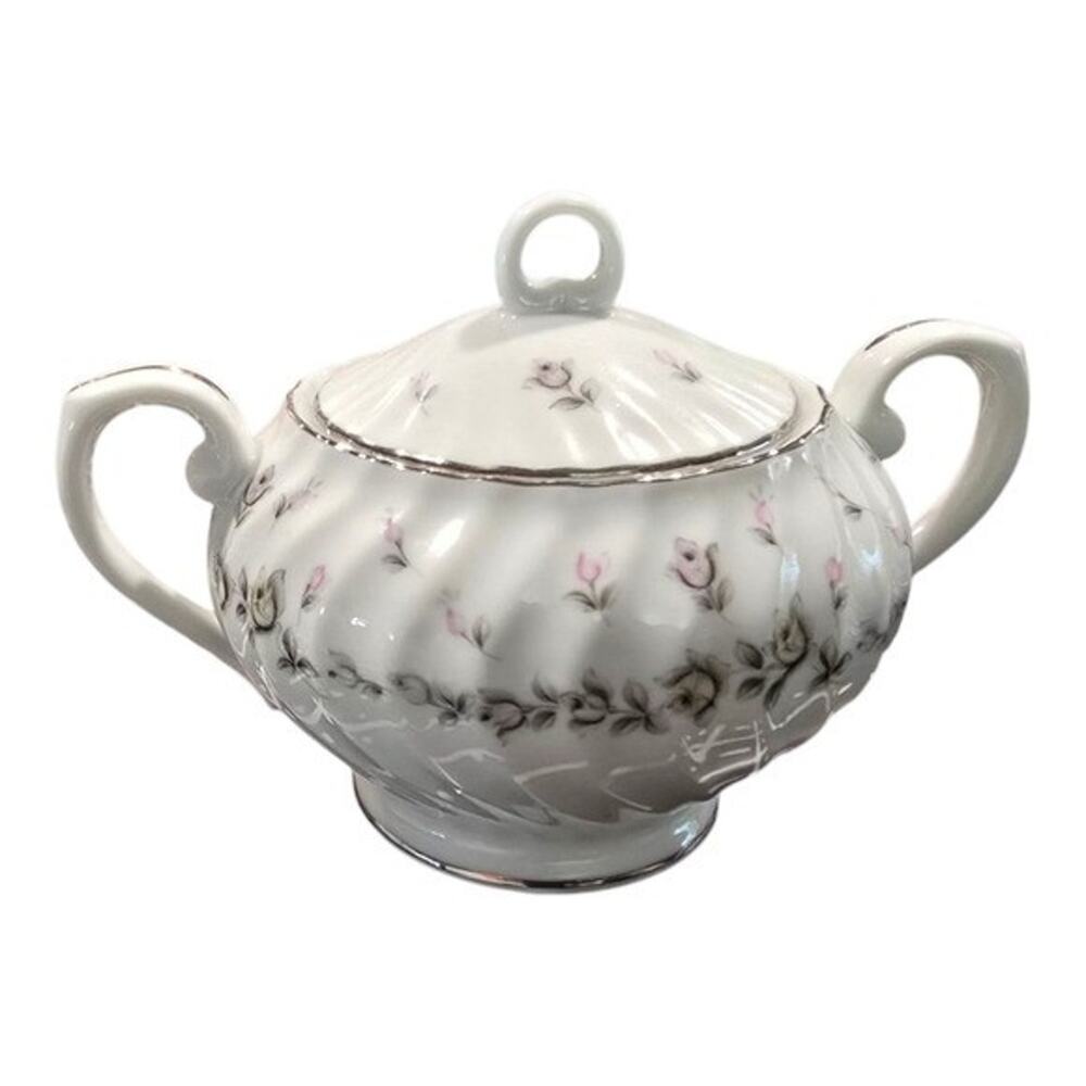 Style House Picardy Fine China Sugar Bowl Lid Pink Rosebud Silver Trim Japan